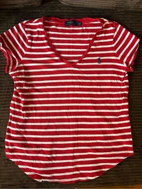 Ralph Lauren Red & White Striped V-Neck Tee with Polo Pony